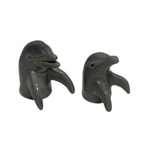 Vintage Mother & Baby Dolphin Salt and Pepper Shaker Set Gray Nautical Ceramic
